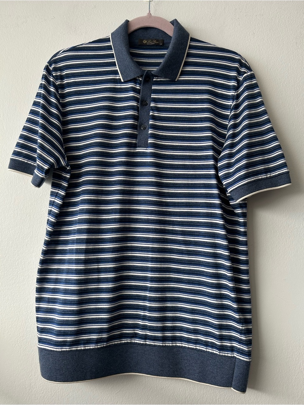 Loro Piana Silk Cashmere Navy and White Striped Polo